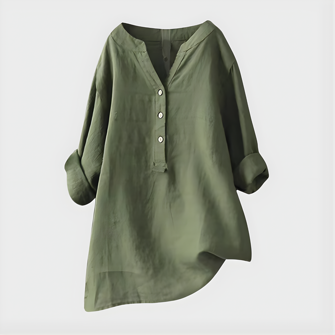 Veronique™ Elegant Cotton-Linen V-Neck Blouse