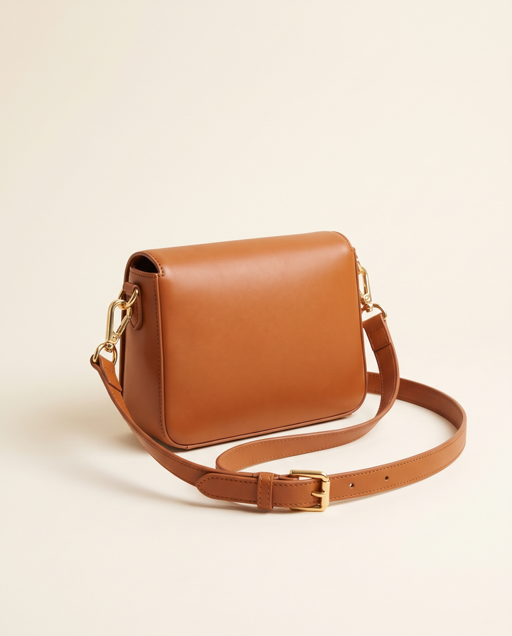The Distillery Crossbody in cognac smooth vegan leather with polished gold-tone hardware