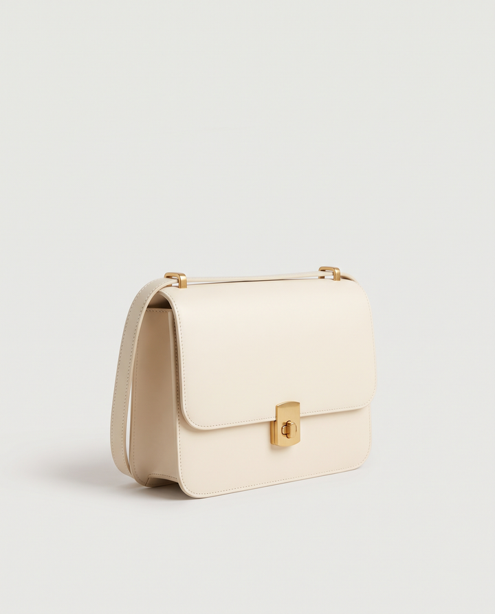 The Kensington Shoulder Bag in cream smooth vegan leather with turn-lock closure